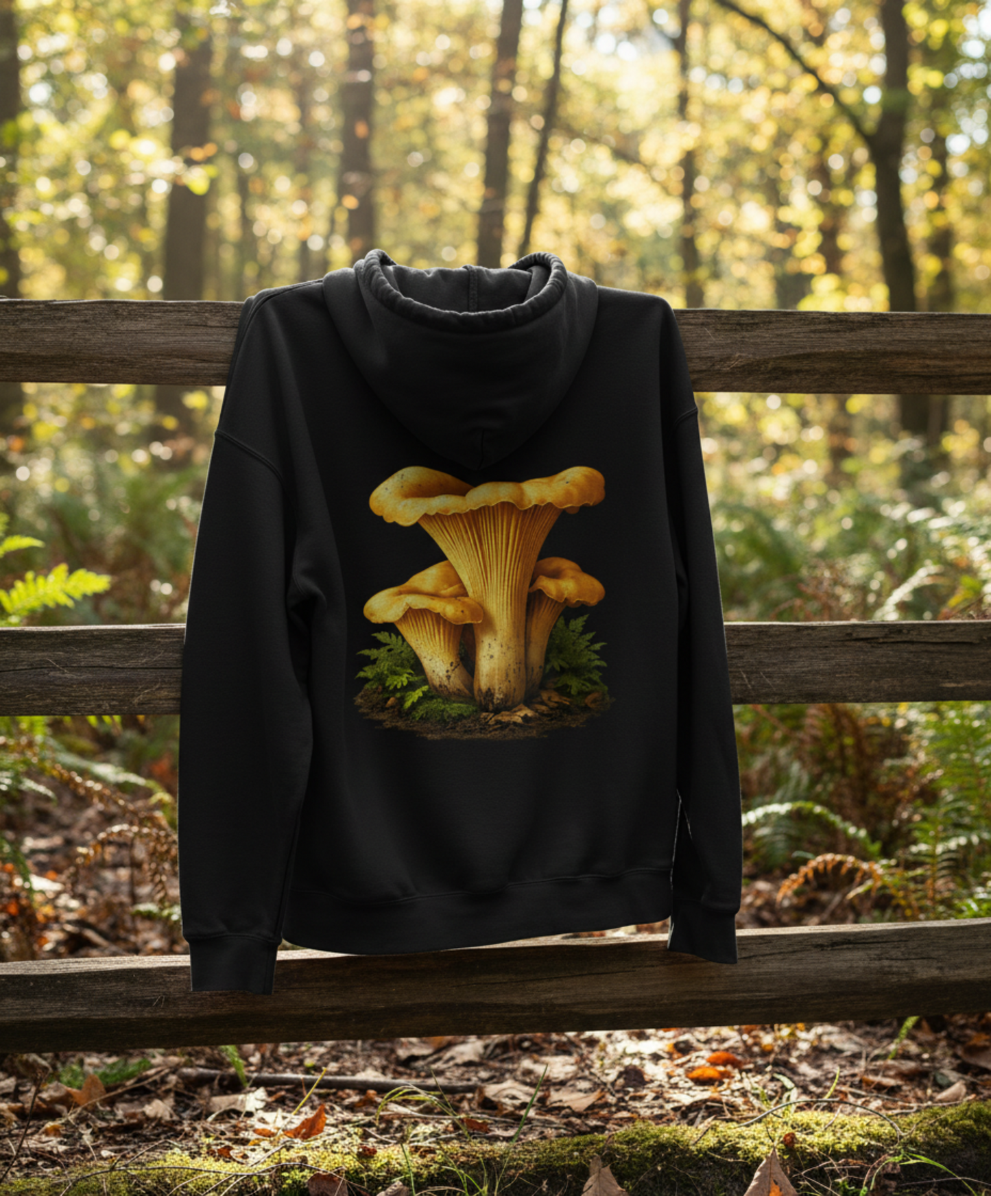 Chanterelle Field Seal Hoodie — Golden Fungi Graphic Fleece Pullover